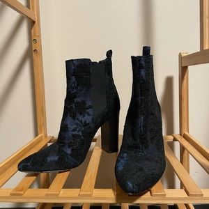Blue and Black Floral Vince Camuto Heeled Booties